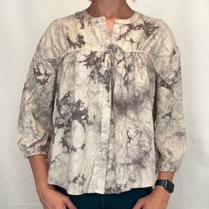 Versona Women's Tie Dye Blouse XL Tan Beige Cream Button Up 3/4 Balloon Sleeve